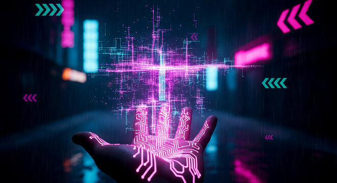 Futuristic hand reaching for a digital grid, vibrant technology concept for innovation and connection in the metaverse era
