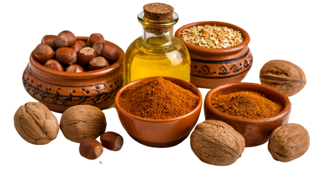 Assortment of nuts, seeds, and oil in rustic bowls and bottle isolated on white isolated on transparent background