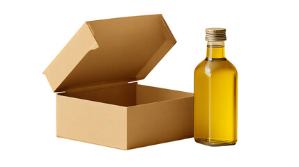 Open cardboard box and bottle of golden oil isolated on transparent background
