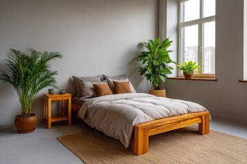 Serene bedroom oasis featuring a natural wood bed and lush greenery by the window