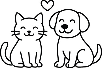Cute Cat and Dog Friends Line Art Vector with Heart | Minimalist Pet Love Icon
