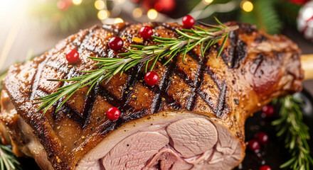 Succulent Roasted Lamb Leg Garnished with Fresh Rosemary and Red Berries, a Savory Centerpiece for Christmas or Holiday Celebrations