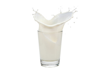 Photorealistic clear drinking glass with creamy white milk and a dramatic splash of droplets frozen mid-air, transparent background with copy space, concept for milk advertising