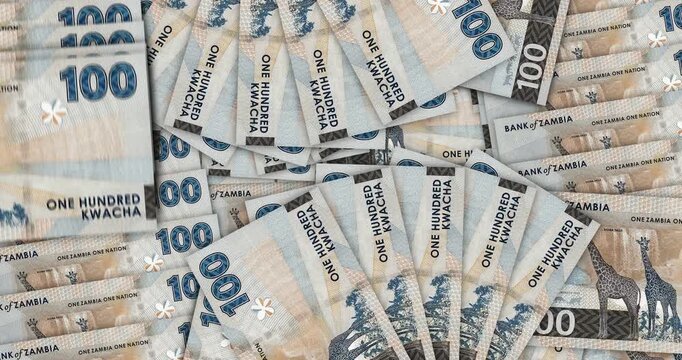 Zambia kwacha Zambian money banknotes in a cash fan mosaic pattern loop. 100 ZMW notes. Abstract concept of bank, finance, economy seamless and looped design background.