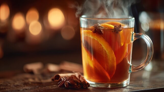 A steaming glass of spiced tea with orange slices and cinnamon sticks. The warm drink is set against a cozy, softly lit background.