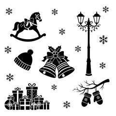 Black and white silhouettes of various Christmas and winter holiday items including a rocking horse, snowflakes, street lamp, hat, bells, gifts, and mittens.