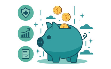 Smart saving strategy with piggy bank, coins, shield and document icons for financial security and growth, ideal for business and personal finance needs