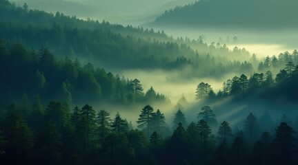 Misty morning light filtering through a dense evergreen forest