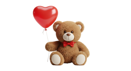 Teddy Bear Holding a Red Heart Balloon Keywords: teddy bear, stuffed animal isolated on a transparent background