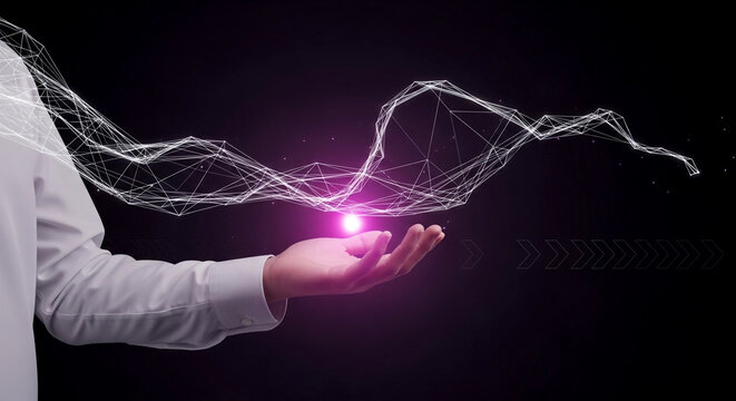Futuristic network connections in hand, a modern digital experience for tech innovation with glowing lights and network