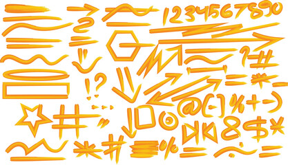 Assortment Of Orange Hand Drawn Brush Strokes Arrows Numbers And Symbols vector illustration