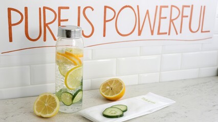 Infused fruit water in a glass bottle on a white surface