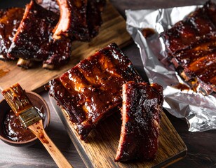 Several racks of barbecue ribs, coated in a shiny, dark sauce. Some ribs are on wooden boards, and others are on aluminum foil, with a brush and sauce bowl visible.