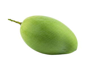 Unripe green mango with distinct rough skin and brown stem, vibrant green, positioned diagonally against pristine bright white background with copy space, natural freshness concept