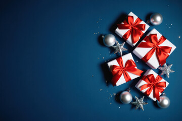 Festive Christmas gift boxes with red ribbons and silver ornaments elegant holiday presents on a dark blue background with copy space