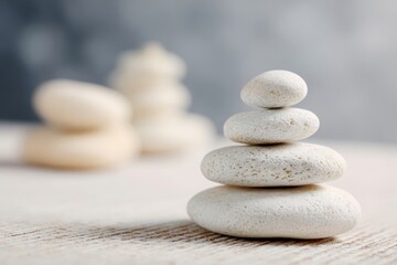 Serene stack of smooth white stones on a textured wooden surface with soft bokeh background