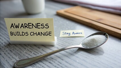 Spoon of Sugar Beside Sticky Note on Table Promoting Health Awareness