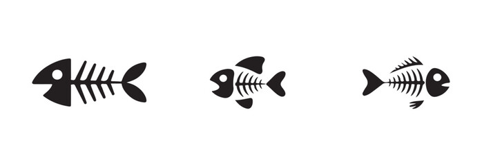 Fish skeleton bone icon set, symbol for pet food, fish bone line art silhouette vector,  vector illustration  EPS 10.