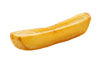 A single golden-brown french fry, crispy and tender, centered against a pure, stark white background with copy space, professional food photography concept for snack advertising