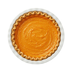 A freshly baked sweet potato pie with a golden-brown crimped crust and rich orange filling in a white ceramic dish, top-down on a transparent background with copy space, concept of autumnal dessert