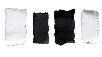Four torn pieces of textured paper, two black and two white isolated on transparent background