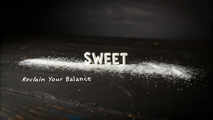 SWEET text half erased on a wooden surface with sugar grains