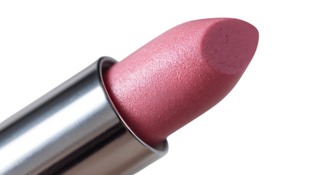 Close up of a pink lipstick with a shimmering finish isolated on transparent background