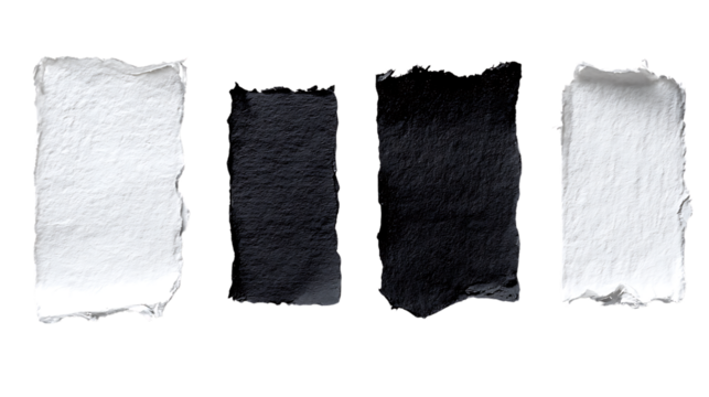 Four torn pieces of textured paper, two black and two white isolated on transparent background