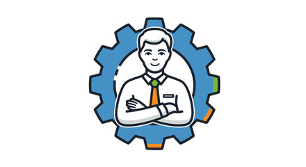 Illustration of a professional man with crossed arms in front of a blue gear, symbolizing business management or technical support.