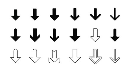 A diverse collection of eighteen black down arrow icons, featuring both solid and outline styles, pointing downwards.