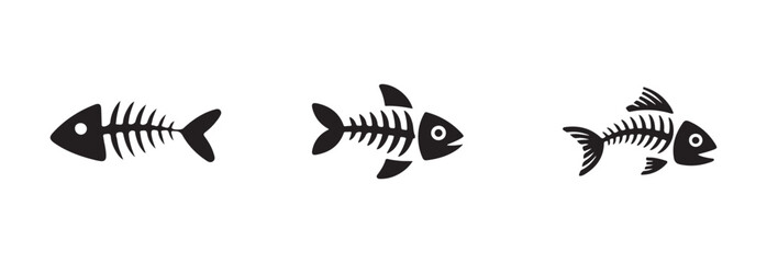 Fish skeleton bone icon set, symbol for pet food, fish bone line art silhouette vector,  vector illustration  EPS 10.