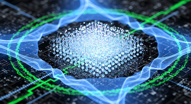 Quantum computing visualization with glowing qubits and digital energy waves