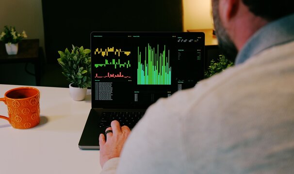 Day Trader Concept - Middle-Aged Career Stock Picker Uses Personal Stock Market Trading Web App