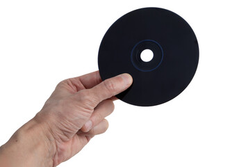 Hand Holding Black CD Disc For Media isolated on a white background