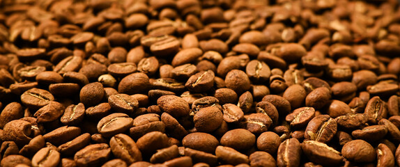 Roasted Coffee beans texture. Espresso ingredient. Food and drinks background