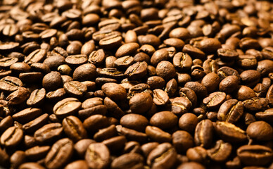 Roasted Coffee beans texture. Espresso ingredient. Food and drinks background