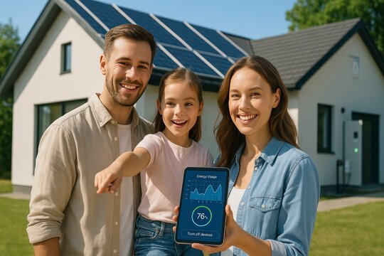 Smart home energy systems. Family showcasing smart home energy system with solar panels on roof, smiling and engaging with energy usage display on smartphone in sunny backyard
