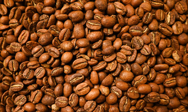 Roasted Coffee beans texture. Espresso ingredient. Food and drinks background