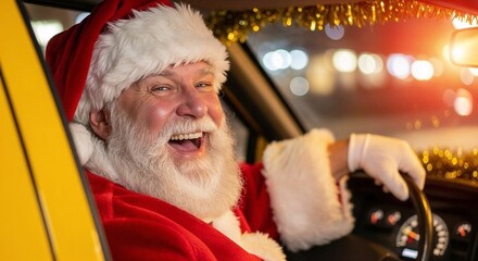 Santa Claus smiling while driving a yellow taxi at night  