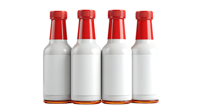 Four bottles with red caps and white labels isolated on transparent background