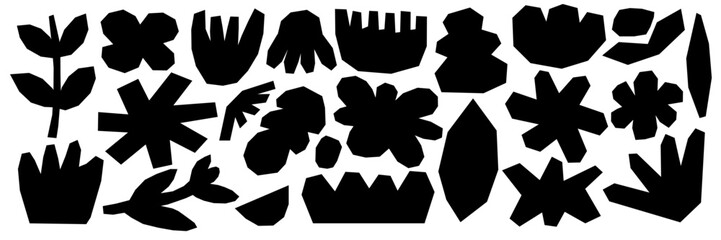 Black Naive floral collage with vibrant hand-drawn vector flowers. Abstract freehand shapes and playful vintage tones create a groovy 70s mood. Perfect for prints, patterns, and modern illustrations