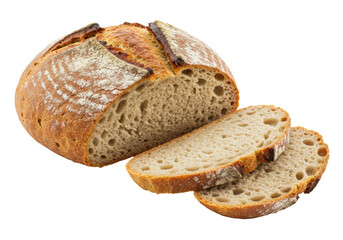 Rustic artisan country bread, round loaf, golden-brown crust, flour-dusted, with cut slices revealing soft, airy crumb, against a transparent background with copy space, appetizing presentation of