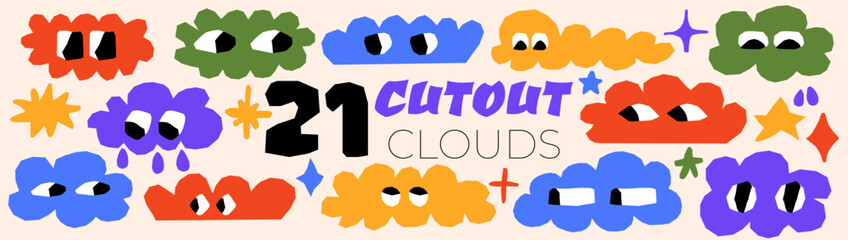 Cute naive weather illustration featuring colorful clouds and drops. Hand-drawn pencil texture adds a soft, playful touch. Great for trendy prints and kids art
