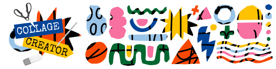 Art collage with playful shapes and doodle drawn elements. Abstract childish design combines cutout forms and trendy cartoon texture. Perfect for creative backgrounds and modern compositions