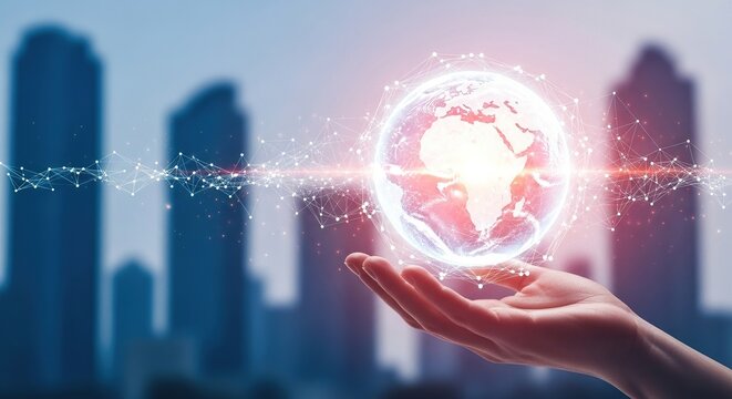 Hand holding glowing earth hologram with city skyline background