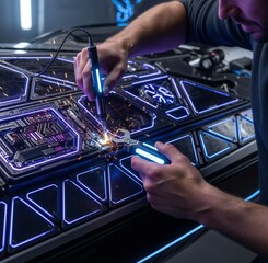 Engineer repairing futuristic console with glowing tools