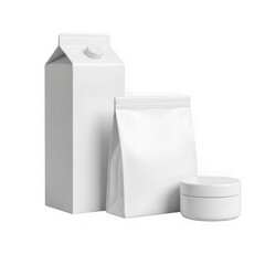 Blank white carton, stand-up pouch, and jar packaging mockups