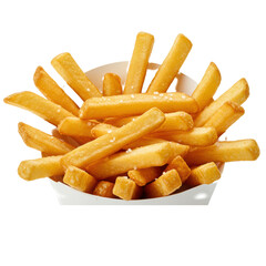 Golden-brown, crispy thick-cut french fries with visible coarse sea salt, piled high in a white paper carton, centered on a transparent background with copy space. Concept for fast-food advertising