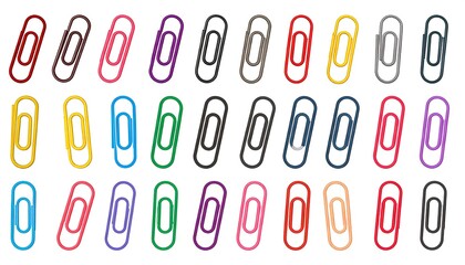 A grid of colorful paperclips on a white background, arranged in rows. Each clip features a sleek, smooth design, showcasing diverse hues