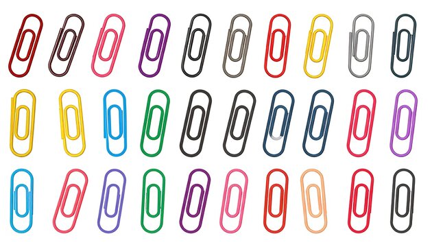 A grid of colorful paperclips on a white background, arranged in rows. Each clip features a sleek, smooth design, showcasing diverse hues